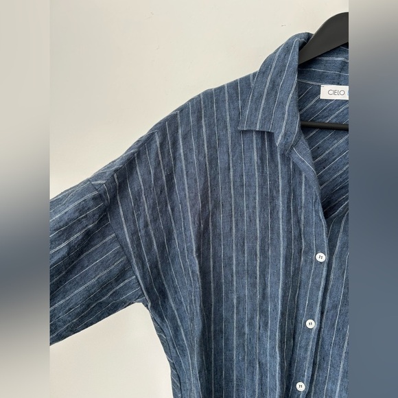Lagenlook cieolo blue linen oversized blue stripes top - Picture 3 of 11